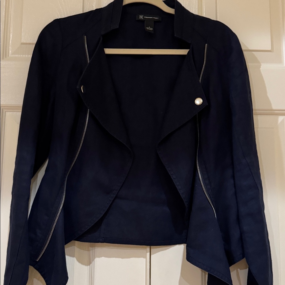 Linen Navy blue chic INC International Concepts jacket w trendy zip details